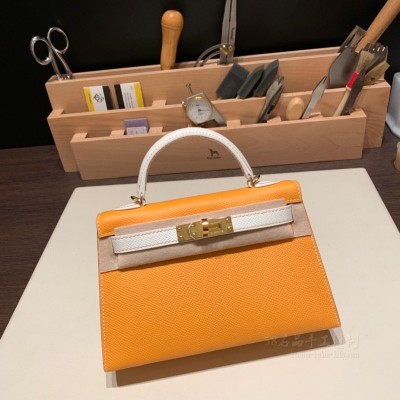 hermes mini kelly 19cm 二代 epsom皮 9V太阳黄01纯白 金扣(hermes <strong>Evercolor</strong>皮)