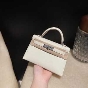 hermes mini kelly 19cm 二代 山羊皮Chevre 0T蘑菇白 银扣