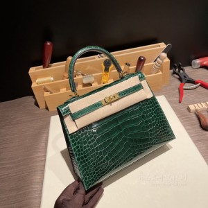 hermes kelly 25cm 凯莉包 Alligator美洲鳄鱼皮 67祖母绿 金扣(爱马仕凯莉鳄鱼皮包价)