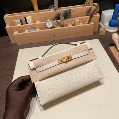 hermes mini kelly Pochette 21cm 一代 南非KK鸵鸟皮ostrich 3C羊毛白金扣(爱马仕鸵鸟皮mini kelly) 高仿