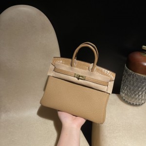 hermes birkin Touch 25cm togo皮拼美洲鳄鱼 0M玛萨拉茶色 金扣(爱马仕鳄鱼皮birkin30)