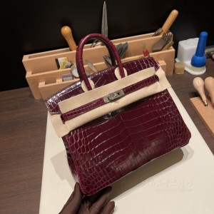 hermes birkin 25cm 铂金包 尼罗鳄鱼皮nilo crocodile shiny亮面 57波尔多酒红Bordeaux 银扣