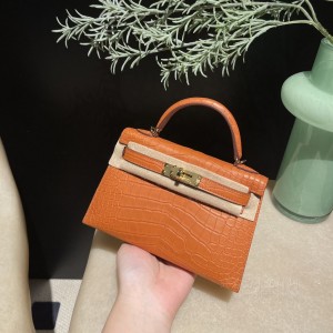 hermes mini kelly 19cm 二代 Alligator美洲鳄鱼皮 Matte雾面 R1 南瓜色 金扣(爱马仕鳄鱼皮bk25)