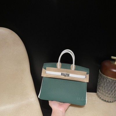 hermes birkin 25cm 铂金包 <strong>togo</strong>皮 Z6孔雀绿拼01纯白 银扣(爱马仕birkin铂金包)