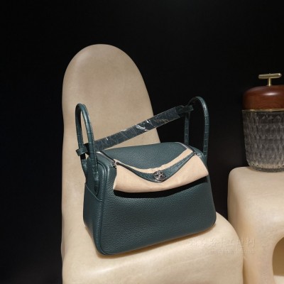 hermes Lindy Touch 26cm 琳迪 TC Clemence皮拼鳄鱼 6O松柏绿 银扣(爱马仕琳迪包是什么皮质)