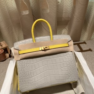 hermes birkin 25cm 铂金包 Alligator美洲鳄鱼皮 80珍珠灰拼M9金盏花黄 拉丝金扣