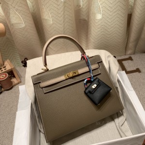 hermes kelly 25cm 凯莉包 epsom皮 拼色 18大象灰拼S2风衣灰 金扣(凯莉包白色还是大象灰好看)