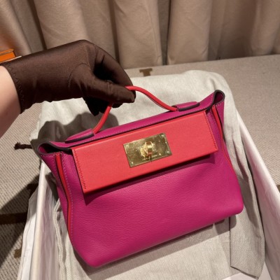 hermes kelly 2424 mini <strong>Evercolor</strong>皮拼swift皮 L3玫瑰紫拼S3心红 金扣(hermes puzzle)