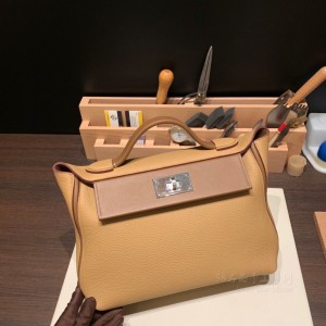 hermes kelly 2424 29cm togo皮拼swift皮 4B饼干色拼3G栗子色 银扣