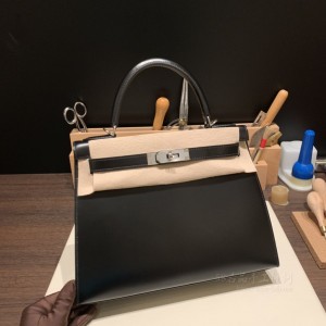 hermes kelly 28cm 凯莉包 box皮 89黑色 银扣(爱马仕凯莉包有几种皮质)