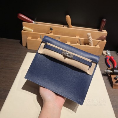 hermes kelly Danse 跳舞包 <strong>Evercolor</strong>皮 73宝石蓝内拼71法国蓝 银扣(hermes blue)
