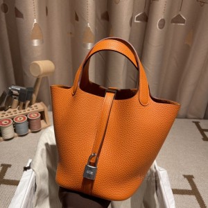 hermes picotin Lock 18cm 菜篮子 TC Clemence皮 93橙色 银扣(hermes菜篮子多少钱)