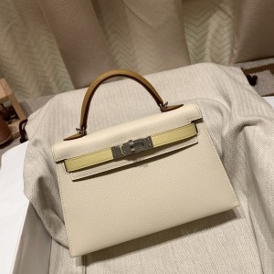 hermes mini kelly 19cm 二代 epsom皮 i2奶油白拼1Z小鸡黄拼2S芝麻色 银扣(hermes mini kelly二代尺寸)