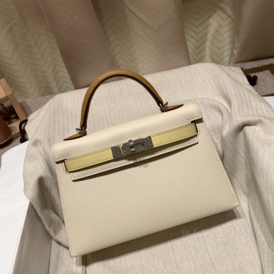hermes mini kelly 19cm 二代 epsom皮 i2奶油白拼1Z小鸡黄拼2S芝麻色 银扣(hermes mini kelly二代尺寸)