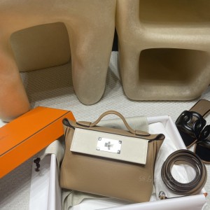 hermes kelly 2424 mini evercolor皮拼swift皮 0M玛萨拉茶色i2奶油白6C古铜 银扣