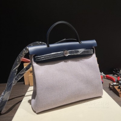 hermes herbag 31cm 帆布包 内缝 千鸟格拼宝蓝(爱马仕birkin帆布包)