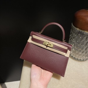 hermes mini kelly 19cm 二代 epsom皮 57波尔多酒红 金扣(爱马仕酒红色铂金包)