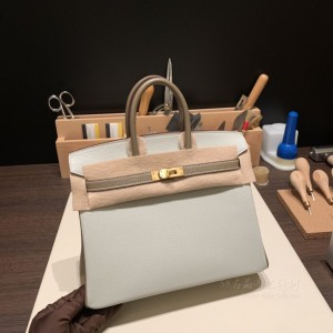 hermes birkin 25cm 铂金包 山羊皮Chevre 80珍珠灰拼18大象灰 拉丝金扣