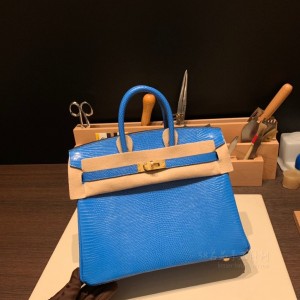 hermes birkin 25cm 铂金包 lizard蜥蜴皮 T7水妖蓝 金扣(爱马仕蜥蜴皮铂金包多少)