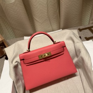 hermes mini kelly 19cm 二代 山羊皮Chevre 8W唇膏粉 金扣(爱马仕 山羊皮)