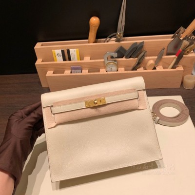 hermes kelly Danse 跳舞包 <strong>Evercolor</strong>皮 10奶昔白内拼9R柠檬黄 金扣