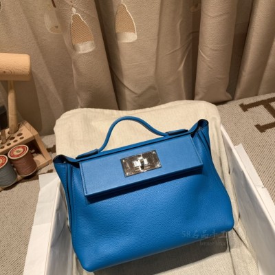 hermes kelly 2424 mini <strong>Evercolor</strong>皮拼swift皮 0F弗里达蓝 银扣(hermes fjord)