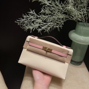 hermes mini kelly Pochette 21cm 一代 swift皮 10奶昔白拼3Q粉 金扣(爱马仕kelly奶昔白价格) 高仿