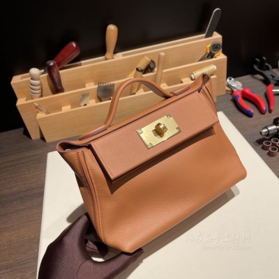 hermes kelly 2424 mini <strong>Evercolor</strong>皮拼swift皮 37金棕 金扣(爱马仕minikelly二代金棕)