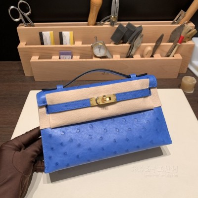 hermes mini kelly Pochette 21cm 一代 南非KK鸵鸟皮ostrich 希腊蓝 金扣(爱马仕鸵鸟皮kelly宝石蓝什么价) 图片