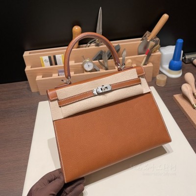 hermes kelly 25cm 凯莉包 外缝 福宝<strong>马鞍皮</strong>Barenia faubourg 外缝 34黄褐色 银扣