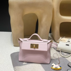 hermes kelly 2424 mini evercolor皮拼swift皮 09梦幻粉紫内拼i2奶油白 金扣(爱马仕拼色kelly25多少钱)