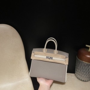 hermes birkin 25cm 铂金包 togo皮 M8沥青灰拼10奶昔白 银扣