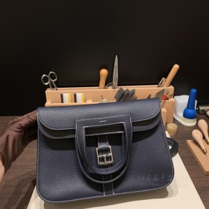 hermes Halzan 31cm 2Z午夜蓝 白线