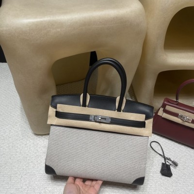 hermes birkin 30cm 铂金包 <strong>Swift</strong>皮拼帆布 89黑色 银扣(hermes铂金包黑金价格)