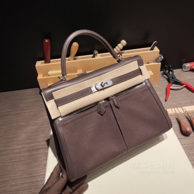 hermes kelly lakis 32cm 帆布拼<strong>马鞍皮</strong> 马鞍46乌木色 上身图