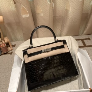 hermes kelly 25cm 凯莉包 Alligator美洲鳄鱼皮 Noir 89黑色 银扣(爱马仕鳄鱼皮kelly25)