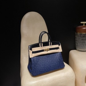 hermes birkin Touch 25cm 鸵鸟皮ostrich拼美洲鳄鱼 73宝石蓝金扣(鸵鸟皮爱马仕铂金包)