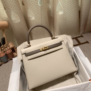 hermes kelly 25cm 凯莉包 epsom皮 拼色 10奶昔白拼M8沥青灰 金扣(爱马仕凯莉包有几种皮质)