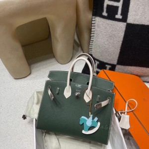 hermes birkin Sellier 25cm epsom皮 外缝 2Q英国绿拼i2奶油白 拉丝银