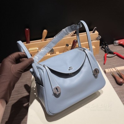 hermes Lindy 26cm 琳迪 <strong>Evercolor</strong>皮 J7亚麻蓝银扣(爱马仕女包lindy琳迪)