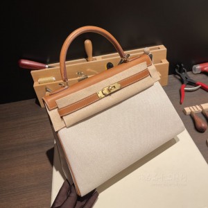 hermes kelly 32cm 凯莉包 barenia马鞍皮拼帆布34原木色(爱马仕凯莉包内部细节)