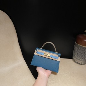 hermes mini kelly 19cm 二代 epsom皮 W0博斯普鲁斯绿拼p3北方蓝拼18大象灰内拼73宝石蓝 金扣