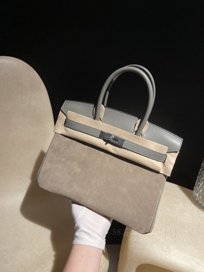 hermes birkin 30cm 铂金包 Grizzly麂皮拼<strong>Swift</strong>皮 18大象灰拼 0L积雨云灰 银扣