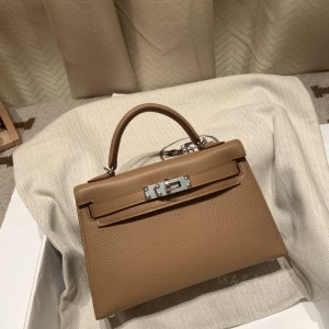 hermes mini kelly 19cm 二代 山羊皮Chevre j2雀木色 银扣