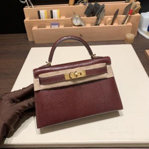 hermes mini kelly 19cm 二代 lizard蜥蜴皮 57波尔多酒红 金扣