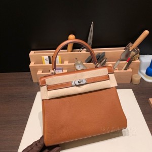 hermes kelly 25cm 凯莉包 福宝马鞍皮Barenia faubourg 内缝 34黄褐色银扣