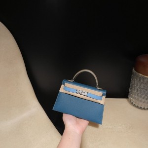 hermes mini kelly 19cm 二代 epsom皮 W0博斯普鲁斯绿拼p3北方蓝拼18大象灰内拼73宝石蓝 银扣