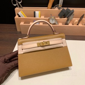 hermes mini kelly 19cm 二代 epsom皮 青铜色拼蔷薇粉 金扣(hermes aline mini)