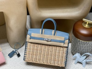 hermes birkin Picnic 25cm swift皮编藤条 野餐包75牛仔蓝 银扣(hermes twins bag)