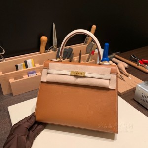 hermes kelly 25cm 凯莉包 epsom皮 拼色 37金棕拼10奶昔白 金扣(爱马仕凯莉包金棕色25细节图)